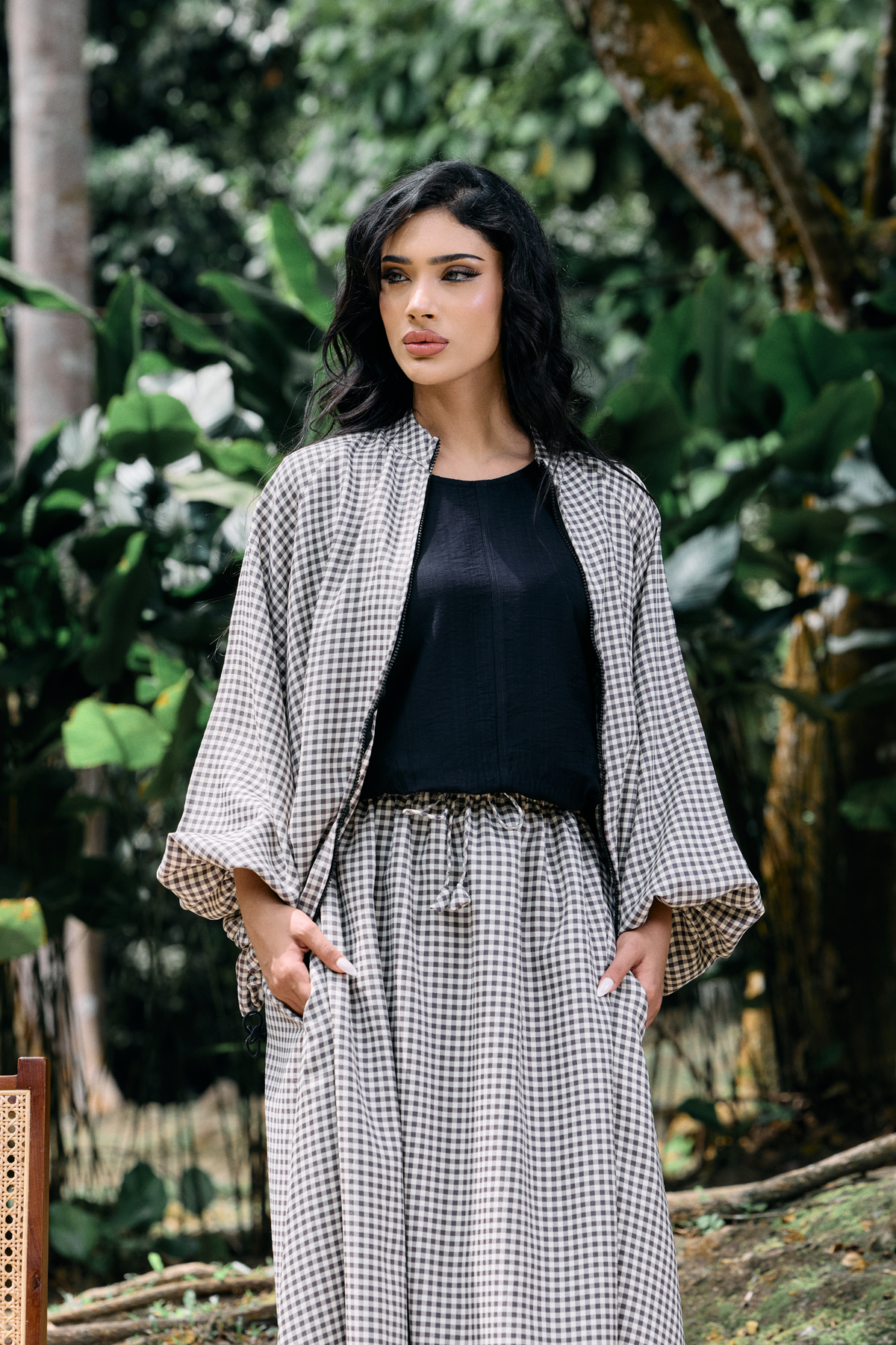 Ayana Bomber Skirt Cotton Set in Gingham Beige